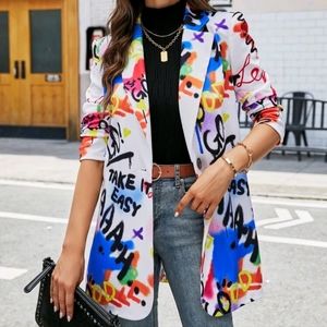 Graffiti and Slogan Print Single Button Blazer